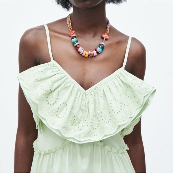 Zara Light Green Eyelet Ruffle Midi Dress Size Large Boho - Picture 3 of 7